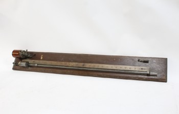 BAROMETER OR SIMILAR INSTRUMENT W/LONG GLASS TUBE, WOOD RULER, & AMBER JAR, MOUNTED TO WOOD BOARD, AGED, Smalls