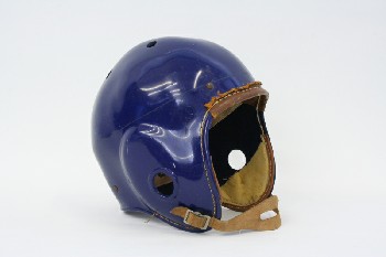 Headwear, Helmet, FOOTBALL HELMET, OLD STYLE W/SUEDE CHIN STRAP, PLASTIC, BLUE