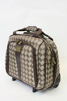 Luggage, Suitcase, SQUARE/LINES PATTERN,TOP HANDLES, ROLLING , FABRIC, BROWN