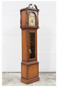 Clock, Grandfather, LONGCASE / FLOOR CLOCK W/CHAINS & PENDULUM, ORNATE FACE, ROMAN NUMERALS, WOOD, BROWN