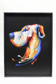 Art, Painting, CLEARED, DOG, GREAT DANE, PROFILE, COLOURFUL DRIPS, BLACK FRAME & BACKGROUND, CANVAS, BLACK