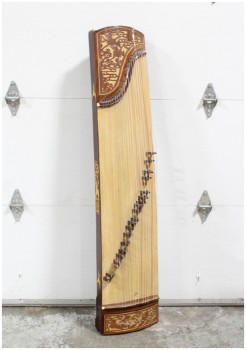 Music, String, CHINESE HARP A.K.A. PLUCKED BOX ZITHER / GUZHENG / ZHENG / GU ZHENG, ASIAN STRINGED INSTRUMENT, CHORDOPHONE OR SOUND BOARD, CARVED BIRDS & FLOWERS, USED, STRINGS MISSING, WOOD, BROWN