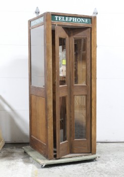 Phone, Booth, REPRODUCTION / REPLICA 1930 INDOOR WOODEN PHONE BOX KIOSK, OAK, GLASS PANELED WINDOWS & FOLDING DOOR, PUBLIC, INTERIOR, 