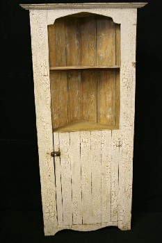 Shelf, Corner, VINTAGE, 2 LEVELS W/LOWER CUPBOARD DOOR, CRACKLE FINISH, RUSTIC, OLD STYLE, AGED, DISTRESSED, WOOD, OFFWHITE