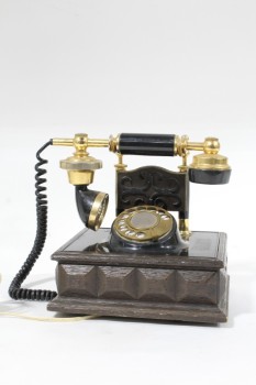 Phone, Rotary, VINTAGE, HANDSET ON TOP, FAUX WOOD PANELED BASE (9x7"), BRASS ENDS & DIAL, PLASTIC, BLACK