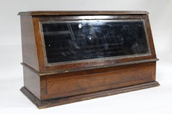 Cabinet, Display, VINTAGE, SHOWCASE, ANGLED FRONT, HINGED TOP LID & MIDDLE, WOOD, BROWN