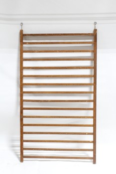 Rack, Miscellaneous, WOOD FRAME W/SMALL HOOKS ON EACH SLAT, TOP HOOKS/LOOPS FOR HANGING, BACKLESS, AGED, HOOKS MISSING, WOOD, BROWN
