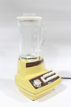 Appliance, Blender , VINTAGE, YELLOW BASE, CLEAR BLENDING CONTAINER W/WHITE LID, FAUX WOOD, WHITE BUTTONS, PLASTIC, YELLOW