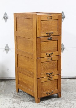 Cabinet, Filing, OAK, 4 DRAWERS, VERTICAL, FOOTED, METAL PULLS & HARDWARE, ANTIQUE, WOOD, BROWN