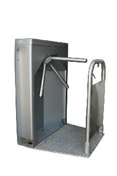 Turnstile, Unit, ROTATING TRIPOD END ON COVERED POST,SITS ON DIAMOND PLATED FLOOR GRATE W/GATE SIDE , METAL, BROWN