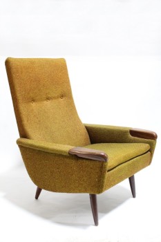 Chair, Armchair, MID CENTURY MODERN, TWEED TEXTURED UPHOLSTERY IN BROWN GOLD & GREEN TONES, HIGH BACK, WOOD CAPPED ARMS & LEGS, 3 BUTTON TUFTED, WOOD, BROWN