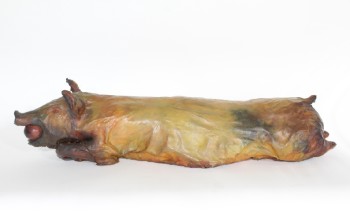 Food, Meat (Fake), CENTREPIECE, FAKE REALISTIC ROASTED SUCKLING PIG, LOOKS COOKED WHOLE ON SPIT W/APPLE IN MOUTH, RUBBER, BROWN