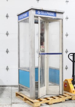 Phone, Booth, FULL SIZE 7FT PUBLIC / STREET FREESTANDING TELEPHONE BOOTH, BLUE SKIRT / PANELS, AGED - Phones Rent Separately, METAL, SILVER