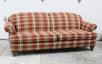 Sofa, Three Seat, CONTEMPORARY, TARTAN / PLAID UPHOLSTERY, ROLLED ARMS, BROWN FEET, FABRIC, RED