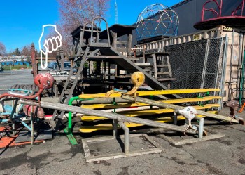 Playground, Teeter Totter, VINTAGE ANIMAL SEAT ENDS (AGED), SEESAW, BASE MEASURES 48x30", HEIGHT: 26" (DOWN) & 52" (UP) - 1 Of 2: Shown On LEFT In Photo. Stored In Yard, Condition May Not Be Identical To Photo. - Original Finish: This Item Is Not To Be Painted., METAL, MULTI-COLORED