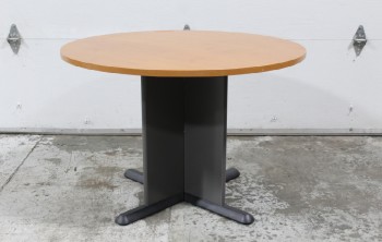 Table, Work, ROUND 1" THICK BROWN WOOD / LAMINATE TOP W/CHERRY WOOD FINISH, 41.5" CIRCUMFERENCE, CONFERENCE / OFFICE / GROUP MEETING, SEATS 4, GRAPHITE GREY COLUMN POST W/X PANEL BASE, MANUFACTURED 2014, WOOD, BROWN