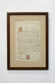 Wall Dec, Misc, CLEARABLE, CZECH TEXT ON DOCUMENT W/2 STAMPS, DARK BROWN FRAME, WOOD, MULTI-COLORED