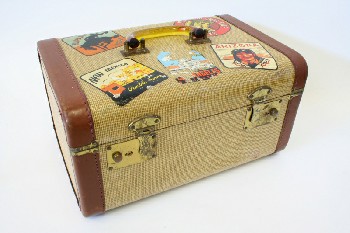 Luggage, Case, VINTAGE W/STICKERS, LEATHER ENDS, YELLOW & RED PLASTIC HANDLE, MIRROR & RED STRAP INSIDE, WOOD, BROWN