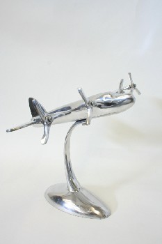Decorative, Aviation, AIRPLANE ON ROUNDED BASE W/MOVING PROPELLERS  , STAINLESS STEEL, SILVER