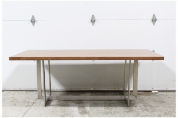 Table, Dining, MODERN, BRUSHED STAINLESS CROSSED LEGS, RECTANGULAR WALNUT WOOD TOP - This Table Is Not To Be Disassembled, WOOD, BROWN