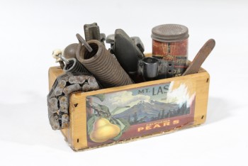 Decorative, Dressed Box, SMALL CRATE DRESSED W/HAND TOOLS, BITS, CHAIN, PARTS, ITEMS GLUED IN, WOOD, BROWN