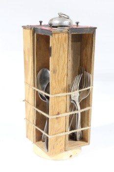 Housewares, Holder, 4 TIED DRAWERS MADE INTO A HOLDER FOR UTENSILS ETC., BIKE BELL TOP, HOMEMADE LOOK, WOOD, BROWN
