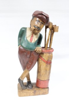 Decorative, Sports, GOLFER, CARVED, W/GOLF BAG & CLUBS, STANDING LEANING W/LEGS CROSSED, WOOD, MULTI-COLORED