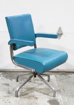 Chair, Office, VINTAGE, INDUSTRIAL, BLUE VINYL SEAT, ARMS & BACK, SWIVELS, METAL 4 PRONG BASE & ARM CONNECTORS, VINYL, BLUE