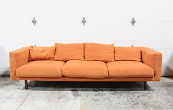 Sofa, Three Seat, TUXEDO STYLE W/SAME HEIGHT ARMS & BACK, 4 THROW PILLOWS, BROWN LEGS, OVER 8FT, FABRIC, ORANGE