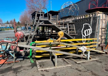 Playground, Teeter Totter, VINTAGE ANIMAL SEAT ENDS (AGED), SEESAW, BASE MEASURES 48x30", HEIGHT: 26" (DOWN) & 52" (UP) - 1 Of 2: Shown On RIGHT In Photo. Stored In Yard, Condition May Not Be Identical To Photo. - Original Finish: This Item Is Not To Be Painted., METAL, MULTI-COLORED