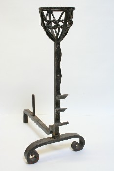 Fireplace, Firedog, ANTIQUE, ANDIRON W/BREAD WARMER CUP, SINGLE LEAF, CURLED BASE, IRON, BLACK