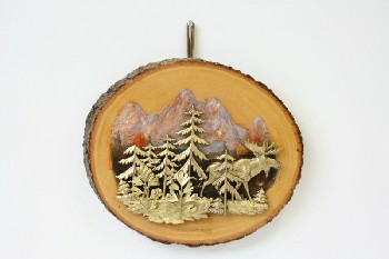 Wall Dec, Plaque, CLEARABLE, TREE SLICE W/RAISED GOLD MOOSE & TREES, MOUNTAIN BACKGROUND, WOOD, BROWN