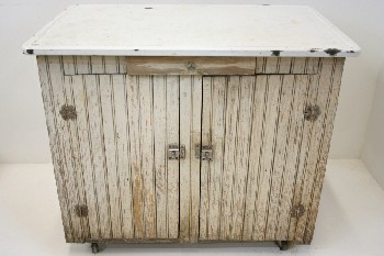 Cabinet, Wood, 2 DOORS W/WHITE ENAMEL TOP, ROLLING, OLD STYLE, AGED, DISTRESSED, WOOD, WHITE