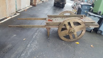 Cart, Rustic , 10FT HANDCART, FLAT DECK, WOODEN WHEELS, LONG HANDLES, RUSTIC - Stored In Yard, Condition May Not Be Identical To Photo, WOOD, NATURAL