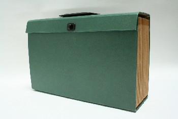Office, Files, EXPANDING PORTABLE FILE BOX, BLACK HANDLE, LEGAL, MULTIPLE POCKETS, CARDBOARD, GREEN