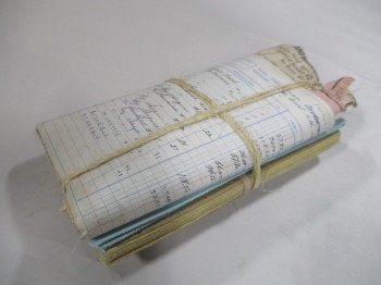 Bundle, Vintage, Medium Size Cheque Book With Blue Cheques And A Rolled Written Receipt., OFFWHITE