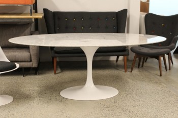 Table, Misc, MODERN, OVAL WHITE CARRARA MARBLE TOP, FLARED TULIP STYLE BASE W/MATTE FINISH - This Table Is Not To Be Disassembled, MARBLE, WHITE