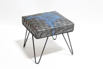 Ottoman, Square, DIAMOND PADDED SQUARE TOP, BLACK METAL BENT HAIRPIN LEGS, FOOT REST / STOOL, NEON PAINT DRIPS ALL OVER, VINYL, BLACK
