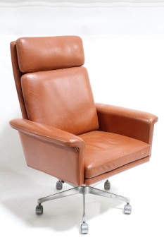 Chair, Office, VINTAGE, HIGH BACK, EXECUTIVE, CONFERENCE, PADDED ARMS & HEAD REST, 5 PRONG ROLLING BASE, LEATHER, ORANGE