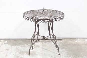 Table, Cafe, ORNATE W/LEAVES, ROUND TOP, OUTDOOR / CAFE / GARDEN W/UMBRELLA HOLDER, METAL, BROWN