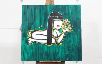Art, Painting, CLEARED, FIGURATIVE, EXPRESSIONIST, CROUCHING FEMALE FIGURE, BLACK HAIR, GREEN BACKGROUND, CANVAS, GREEN