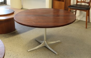 Table, Coffee Table, MODERN, MID CENTURY, ROUND ROSEWOOD TOP, 4 PRONG ALUMINUM BASE, BY HORST BRUNING FOR COR, GERMAN MINIMALIST DESIGN, WOOD, BROWN