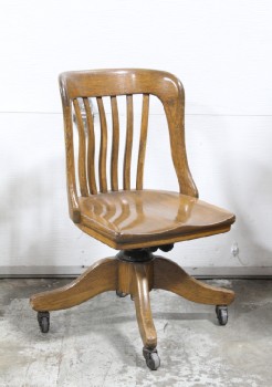 Chair, Office, OAK, VINTAGE, ROUNDED BACK W/SLATS, NO ARMS, ROLLING DESK CHAIR, WOOD, BROWN