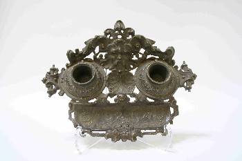 Desktop, Inkwell, DOUBLE, BAROQUE STYLE, FLORAL RELIEF, ANTIQUE, METAL, BRASS