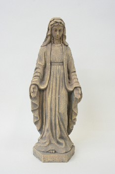 Statuary, Floor, RELIGIOUS, VIRGIN MARY ON BASE, AGED, PLASTER, BROWN