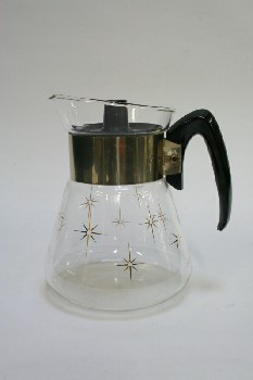 Housewares, Coffeepot, TAPERED W/BLACK LID & HANDLE,GOLD METAL BAND & STARS, GLASS, CLEAR