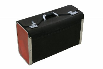 Luggage, Case, GREY METAL TRIM,RED PLASTIC SIDES,LATCH & BUCKLES , PLASTIC, BLACK