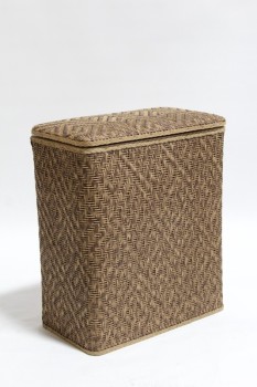 Laundry, Hamper, HOUSEHOLD CLOTHES HAMPER W/HINGED LID, WOVEN, WOOD, BROWN