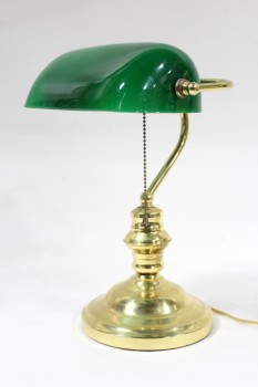 Lighting, Lamp, BANKER'S DESK LIGHT W/GREEN FROSTED GLASS SHADE, ROUND STEPPED BASE, METAL, BRASS