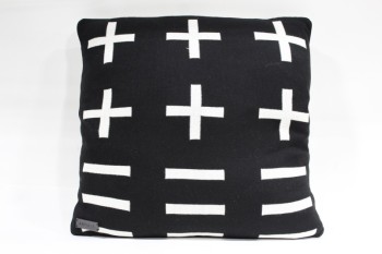 Pillow, Miscellaneous, THROW, 1 SIDE BLACK ON WHITE, OTHER SIDE WHITE ON BLACK, PLUS & MINUS SIGN PATTERN, FABRIC, BLACK